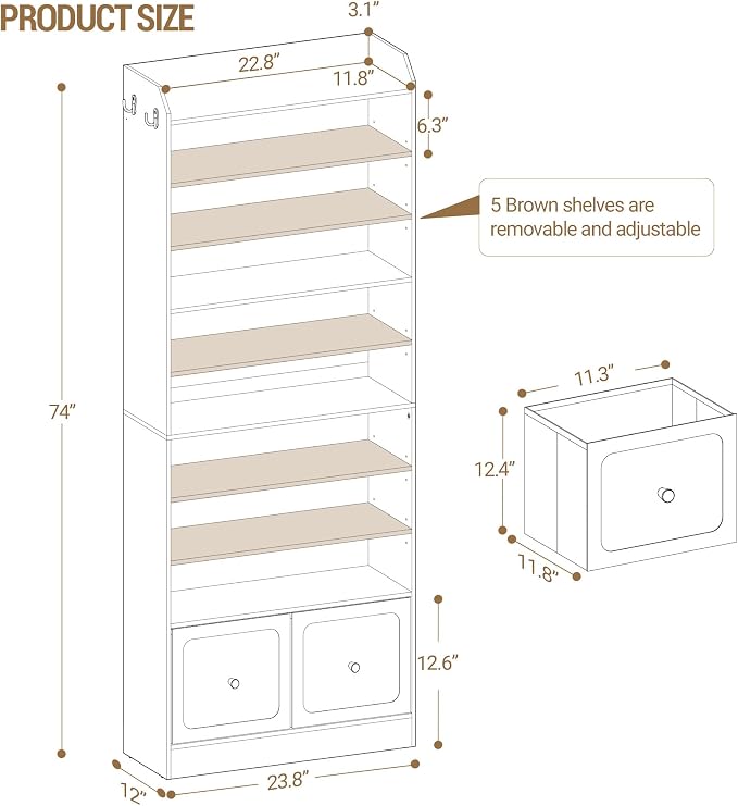 Hzuaneri Shoe Storage Cabinet, 10 Tiers Shoe Cabinet with 2 Cloth Drawers, Wooden Freestanding Shoes Organizer with 2 Hooks, 30-35 Pairs, Shoes Cubby Organizer for Entryway, White SR56303MI