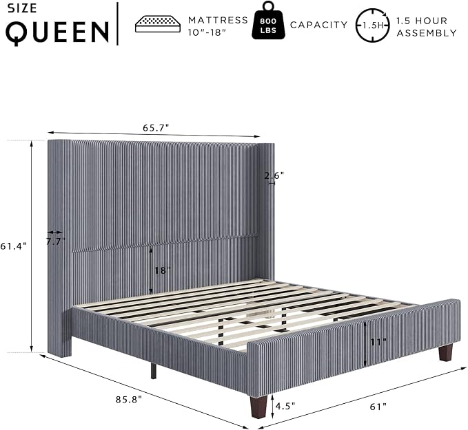 HOWE Queen Bed Frame with 61.4" Extra Tall Headboard, Corduroy Upholstered Bed with Vertical Wingback Headboard, No Box Spring Needed/Noise Free/Solid Wood Slats & Legs/Grey