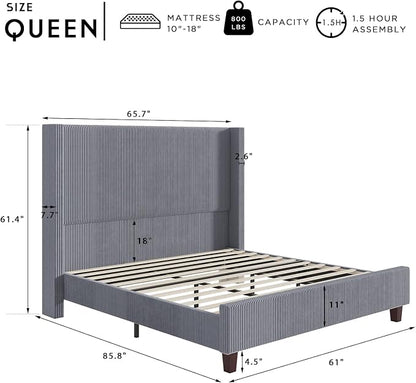 HOWE Queen Bed Frame with 61.4" Extra Tall Headboard, Corduroy Upholstered Bed with Vertical Wingback Headboard, No Box Spring Needed/Noise Free/Solid Wood Slats & Legs/Grey