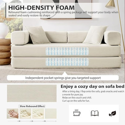 HANXIN 78 Inch Convertible Sleeper Sofa Bed, Folding Floor Mattress Couch with Fixed-Shape Frame, Futon Boneless Couch Lounge Loveseat with Pull Out Bed, No Assembly Required (Beige)