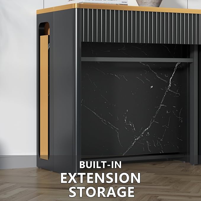 Extendable Dining Table, Transformer Folding Console Table for 2-8 People, 17"-112" Space Saving Dining Room Table, Wood Black Faux Marble Dining Table, Kitchen and Dining Room Furniture (No Chairs)