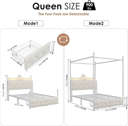 Keyluv Queen Size Upholstered LED Canopy Bed Frame with Charging Station and Drawer, Button Tufted Crown Headboard with Storage Shelf, Two-Purpose Removable Four Poster Design Platform Bed, Beige