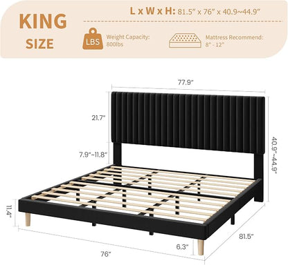 IDEALHOUSE King Bed Frame with Adjustable Headboard, Velvet Upholstered Platform King Size Bed Frame, Vertical Channel Tufted, Strong Wooden Slats, No Box Spring Needed, Easy Assembly, Black