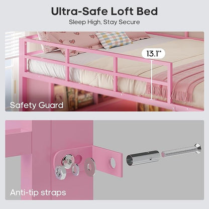 ADORNEVE Loft Bed Full Size with Desk and 8 Storage Drawers, LED Metal Loft Bed with Power Outlet, 2 Shelves & Clothing Rack, Bed with Safety Guardrail & Ladder,Space-Saving, Pink