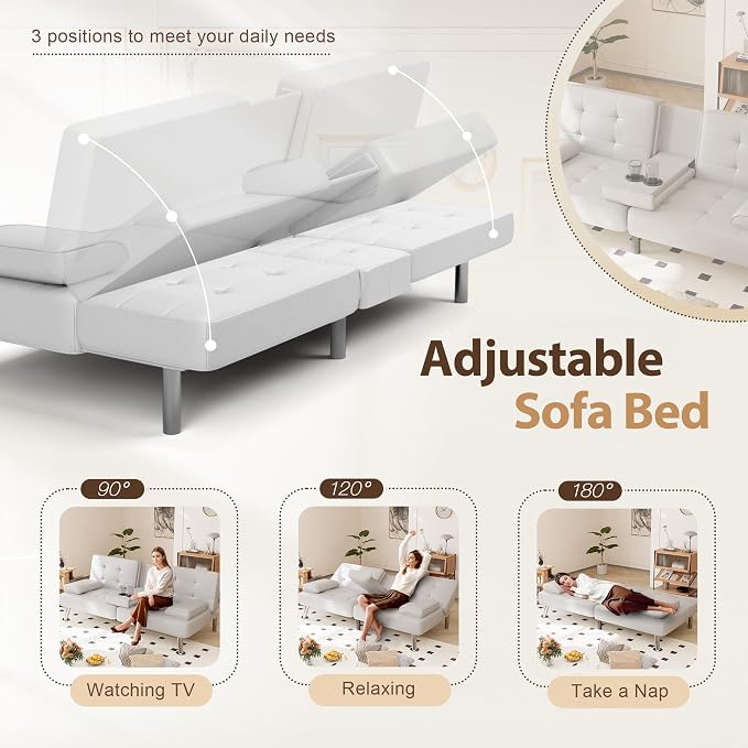 Shahoo Convertible Folding Futon Sofa Bed Sleeper Couch for Living Room Faux Leather Upholstered Loveseat w/Removable Armrests, Metal Legs, 2 Cup Holders, White