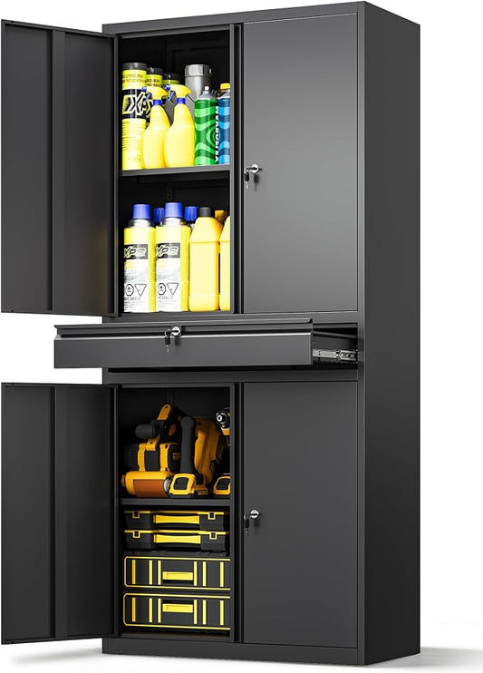 Metal Storage Cabinet with Drawer, Garage Storage Cabinet with Locking Doors and Adjustable Shelves,Tool Steel Cabinet for Garage, Home Office,Warehouse (Black)