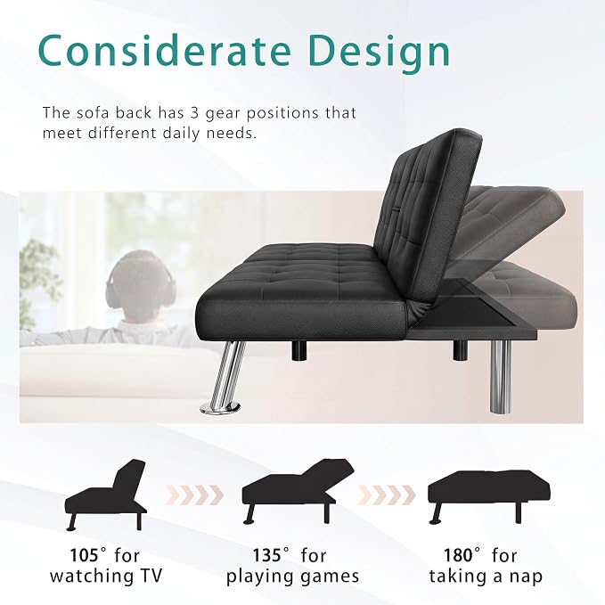Flamaker Futon Sofa Bed Modern Folding Futon Set Convertible Recliner Lounge for Living Room with 2 Cup Holders, Removable Armrests (PU Leather, Black)