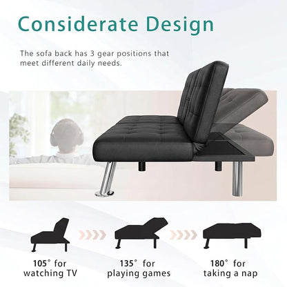 Flamaker Futon Sofa Bed Modern Folding Futon Set Convertible Recliner Lounge for Living Room with 2 Cup Holders, Removable Armrests (PU Leather, Black)