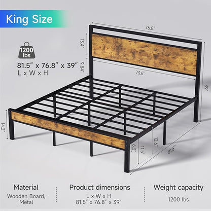 King Metal Bed Frame with Wooden Headboard and Footboard, Heavy Duty Platform Frame with Metal Slats, No Box Spring Needed, Quiet and Non-Slip Design, Space Saving Bed Frame for Bedroom, Vintage Brown