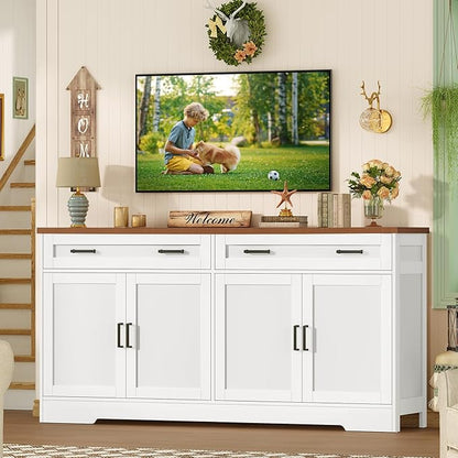 usikey 63" Buffet Cabinet with Storage, Large Sideboard Buffet Cabinet with 2 Adjustable Shelves and 4 Doors, Modern Farmhouse Coffee Bar for Kitchen, Living Room, White