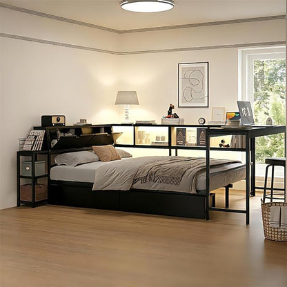 Bellemave Twin Corner Bed Frame with Storage Bookcase & 2 Drawers, Modern Metal Twin Daybed with LED Lights & Charging Station, Reversible Twin Corner Bed with Desk for Space-Saving, Black