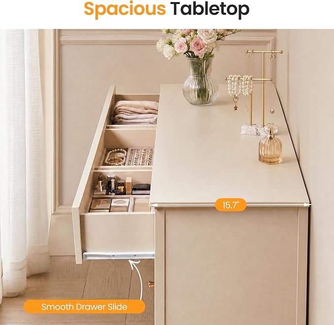 RoyalCraft 7 Drawer Dresser for Bedroom, 53" Wide Modern Wooden Chest of Drawers with Metal Handles, Painted Surface, Sturdy and Stable Storage Cabinet for Living Room, Beige