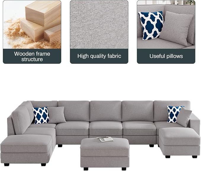 Legend Vansen Oversized Modular Sectional Sofa,U/L‑Shaped Reversible Couch with Ottoman,Deep Seat Plush Polyester Sofa for Living Room,9‑Seater,Light Grey