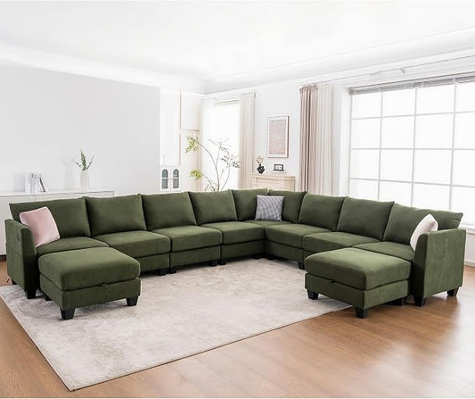 150.4" Large Sectional Couches for Living Room, 8 Seater L Shaped Modular Sectional Sofa with Two Storage Ottomans & USB, Oversized Corner Couch for Living Room（Green）