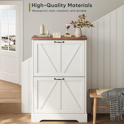 Smart FENDEE Shoe Cabinet, Shoe Storage Cabinet for Entryway with 2 Flip Drawers, Narrow Farmhouse Shoe Organizer Cabinet, Slim Shoe Rack Cabinet, White