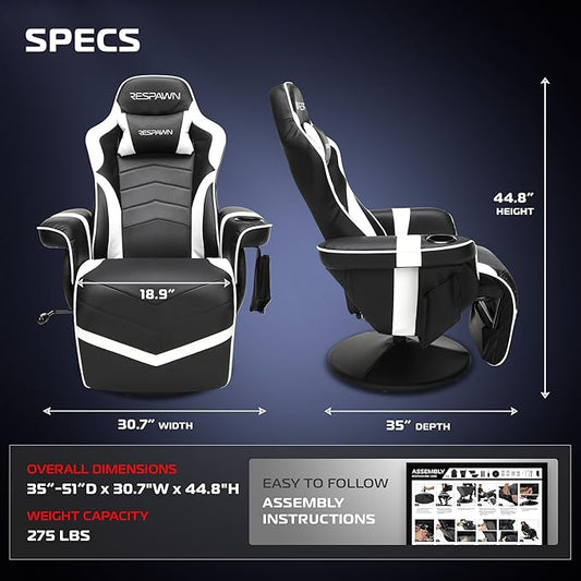 RESPAWN 900 Console Gaming Recliner with Footrest and Lumbar Support - Comfortable Ergonomic Gaming Chair with Headrest, No Wheels, Reclining, Heavy Duty, Racing Style Video Game Chairs - White