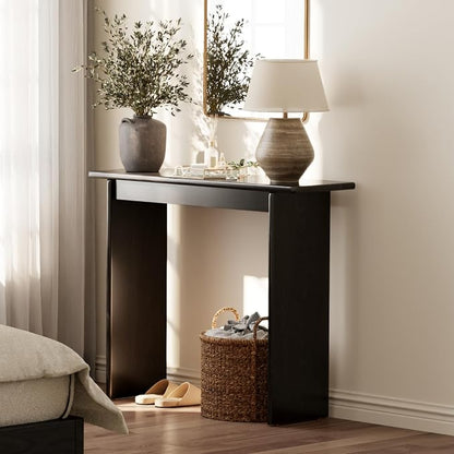 AQIMUELE Black Console Table Thin Rubberwood Minimalist Mid-Century Style | Stable and Sturdy 11.8" D x 39.4" W x 31.5" H for Entryway/Sofa Back
