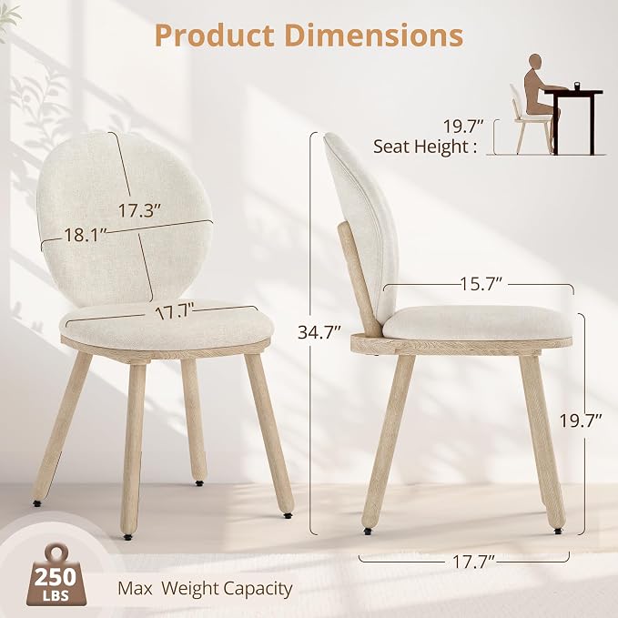 LUE BONA Dining Chairs Set of 4, Upholstered Fabric Kitchen Chairs with Dual-Spine Backrest, Kitchen Chair with Solid Wood Legs and Ergonomic Curved Seat, Easy Assembly for Kitchen Dining Room, Linen