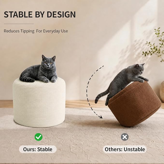 Stuffed Pouf Ottoman Foot Rest with 2.8-inch Solid Foam Base | Odorless Filling Resists Clumping, Washable Corduroy Cover, Round Foot Stool for Living Room Couch Lounging and Home Decor
