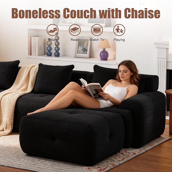 135" Cloud Couch Sectional with 2 Ottoman, U-Shaped Boneless Sofa,Modern Modular Couch, Pineapple Grid Fabric with Foam & Spring Filling for Living Room, No Assembly Required (Black, 4seates)