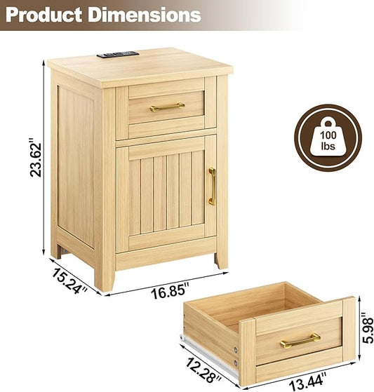 Decofy Farmhouse Nightstand with Charging Station, Set of 2 Modern End Tables with Large Storage and One Drawers, Outlets, USB Ports & Type-C Ports, Wood Rustic Nightstands for Bedroom (Oak)