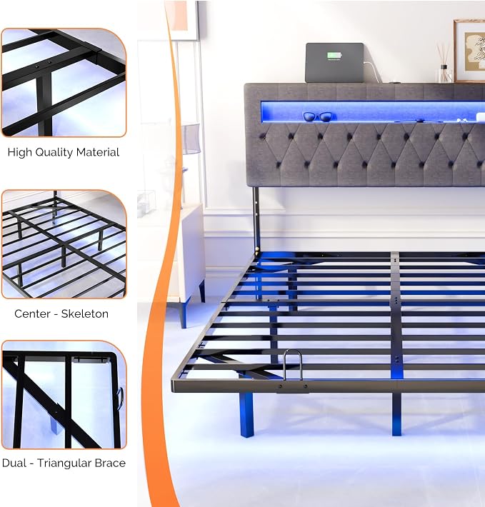 VINGLI Full Size Floating Bed Frame with LED Lights, Adjustable Velvet Upholstered Bed with Charging Station, Modern Metal Full Bed, Easy Assembly, No Box Spring Needed, Grey