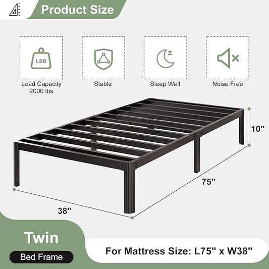 Lutown-Teen 10 Inch Twin Bed Frames with Rounded Corner Legs, 1000 LBS Heavy Duty Metal Twin Platform Bed Frame with Steel Slats Support, No Box Spring Needed, Noise Free, Easy Assembly
