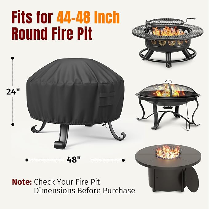 SHINESTAR Fire Pit Cover Round, Fits for 44-48 Inch Fire Pit Table, 600D Heavy Duty Fabric, Waterproof and Windproof, 48" D x 24" H, Black
