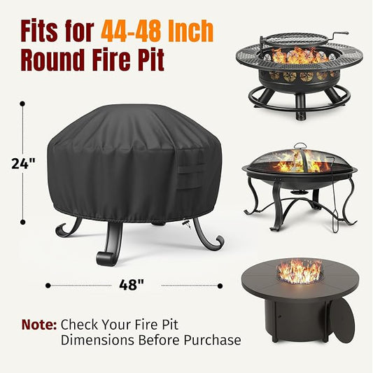 SHINESTAR Fire Pit Cover Round, Fits for 44-48 Inch Fire Pit Table, 600D Heavy Duty Fabric, Waterproof and Windproof, 48" D x 24" H, Black
