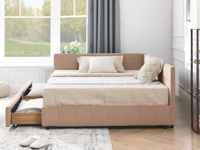 KEIKI Full Size L Shape Corner Bed Frames with 2 Storage Drawer, Backrest and Armrests, Velvet Upholstered Sofa Daybed Full Corner Bed for Small Room, Living Room, Bedroom, Guest Room, Kids' Room