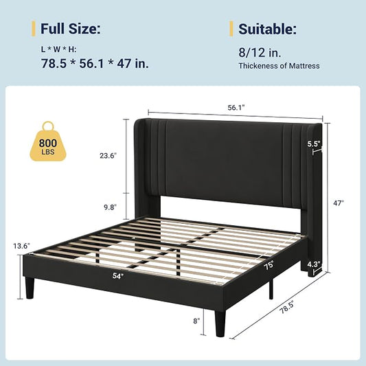 Allewie Full Size Velvet Platform Bed Frame with Vertical Tufted Wingback Headboard, Easy Assembly, Under Bed Storage, No Box Spring Required, Modern Style, Black