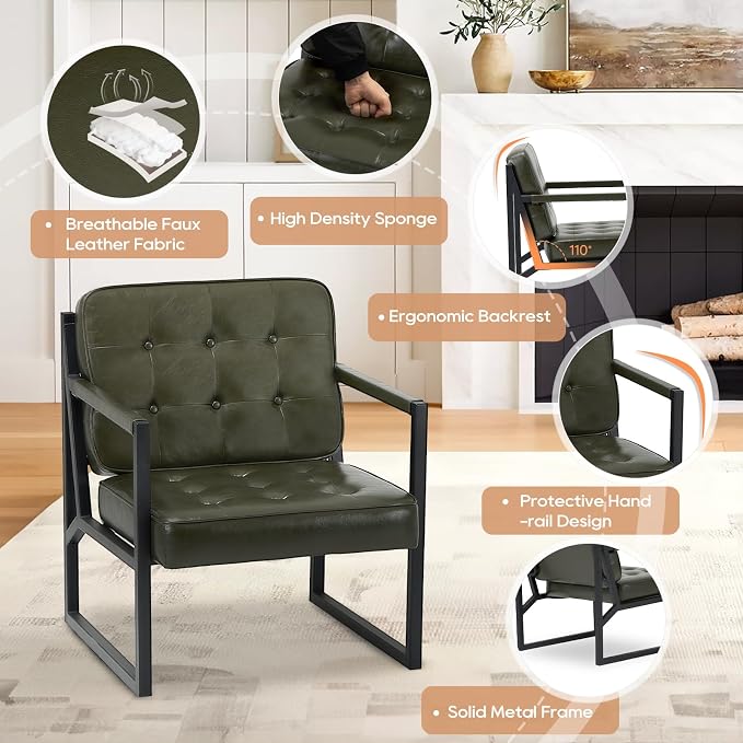 COLAMY Accent Chairs Set of 2, Modern Accent Arm Chairs for Living Room, Comfy Leather Armchairs with Metal Legs for Reception Waiting Room Office Lobby, Green