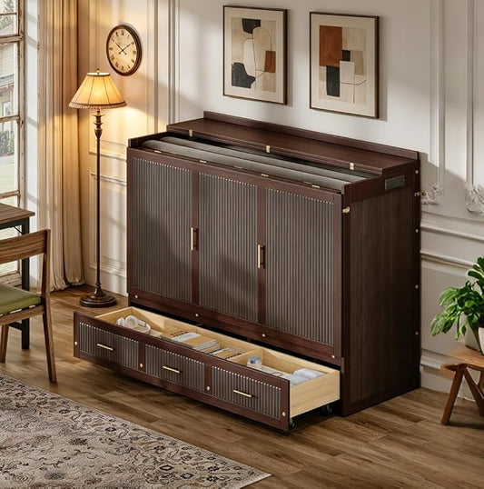 Bellemave Queen Murphy Bed with Charging Station and Storage, Farmhouse Murphy bedframe with Foldable Panel, Noisy Free, for Guest Bedroom, Living Room, Coffee