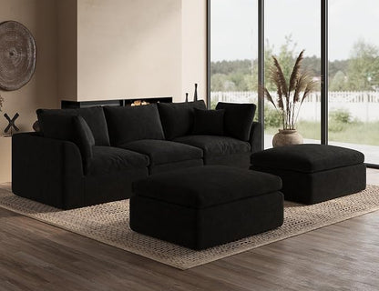 ohllob 110" U Shaped Couch, Cloud Sectional Couches for Living Room, Boneless Couch with Ottoman, 3 Seater Modular Sectional Sofa, Black