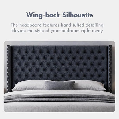 Madison Park Queen Wingback Upholstered Tufted Headboard, Featuring High-Density Sponge Padding, Adjustable Height Headboard, Easy Assembly, Black Velvet