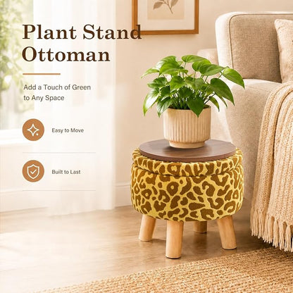Wimarsbon Storage Ottoman, Modern Round Footrest with Soft Padded Seat, Pattern Velvet Footstool with Wood Legs, Accent Small Table or Plant Stand for Hallway, Living Room (Yellow)