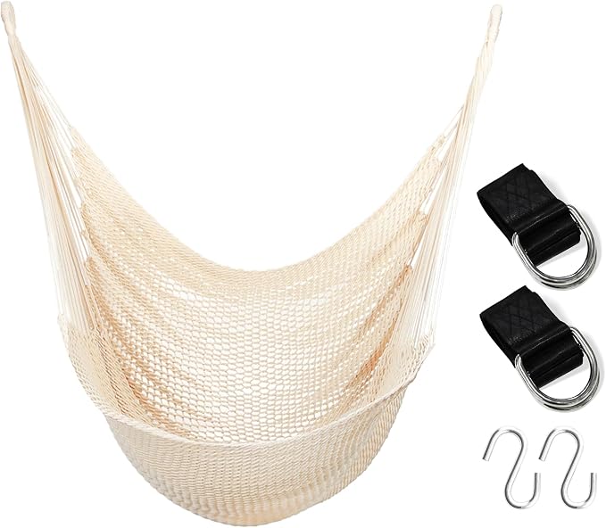 Large Hammock Chair with Hanging Hardware, Caribbean Hammock Hanging Rope Swing Chair No Spreader Bar, XL Hammock Chair Outdoor, Indoor, Bedroom, 330 LBS Weight Capacity, Beige