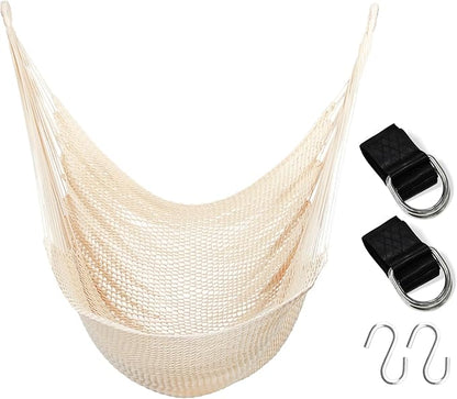 Large Hammock Chair with Hanging Hardware, Caribbean Hammock Hanging Rope Swing Chair No Spreader Bar, XL Hammock Chair Outdoor, Indoor, Bedroom, 330 LBS Weight Capacity, Beige