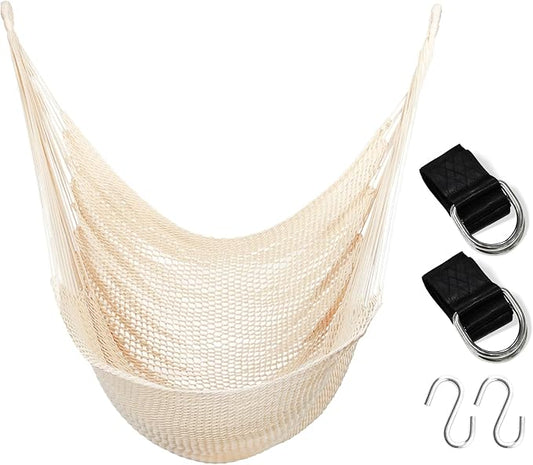 Large Hammock Chair with Hanging Hardware, Caribbean Hammock Hanging Rope Swing Chair No Spreader Bar, XL Hammock Chair Outdoor, Indoor, Bedroom, 330 LBS Weight Capacity, Beige
