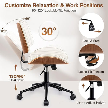 Ergonomic Armless Office Desk Chair - Mid-Century Modern White Faux Leather with Diamond Stitch, Adjustable Height Swivel Rolling Task Computer Chair with Walnut Accent for Home Office, Study & Work