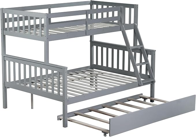 Harper & Bright Designs Convertible Wood Twin-Over-Full Bunk Bed with Trundle and Ladder - Can Be Divided Into Two Platform Beds, Grey