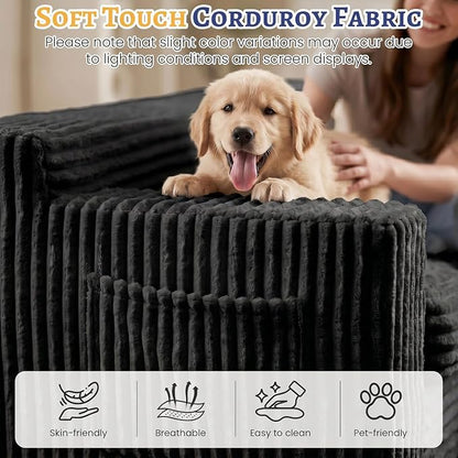 Boneless Couch, Cloud Loveseat Sofa Corduroy Couch in a Box, Upholstered Boneless 3 Seater Couch for Living Room Bedroom Office Apartment, No Assembly Required, Black