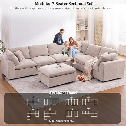Oversized Modular Sectional Sofa Couch, Large 7 Seater Corner Sofa Modern U Shaped Sectional Couch with Ottoman Cloud Couches for Living Room, Office, Spacious Space, Beige - Chenille