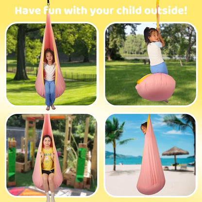 HiCamer Sensory Swing for Kids Indoor and Outdoor Pod Hammock Chair Seat Upgrade Max 300 lbs Hanging Swing with Inflatable Cushion Includes Hardware Hanger Kit for Aspergers Autism ADHD (Pink)