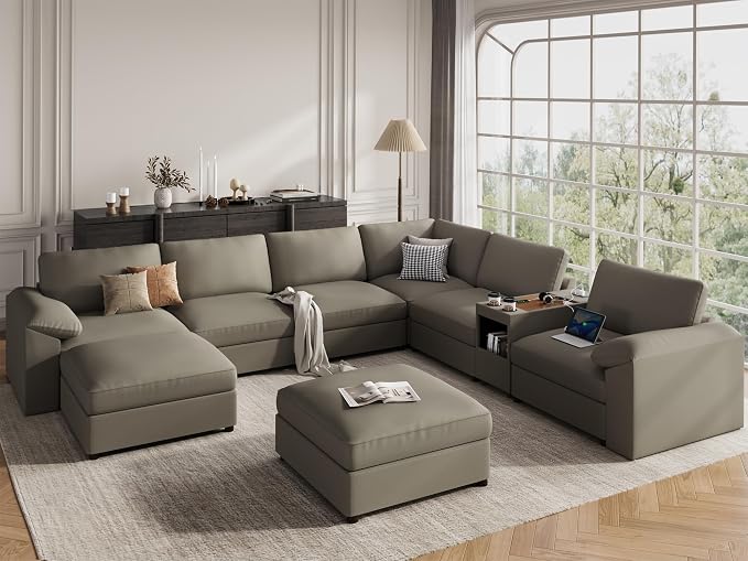 EASE MOOSE Faux Leather Sectional Couch with Console, Oversized Modular Sofa, Modern Comfy Modular Couch, Scratch Resistant Material Sofas, U Shaped Couch for Big Spaces, Light Grey