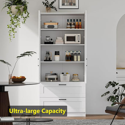 White Tall Kitchen Pantry Cabinet Organizers and Storage with Doors and Drawer and Adjustable Shelves，Wood Large Gabinetes Para Cocina Office Bookshelf for Laundry Room Cabinets (31.5”W*15.7”D*71”H)
