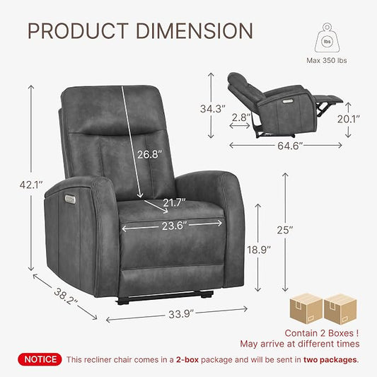 KISLOT Wall Hugger Power Recliner Chair with USB & Type-C Ports Faux Leather Recliner 135° Reclining Small Space Electric Sofa for RV Living Room Bedroom