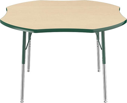 FDP Clover Activity School and Office Table (48 x 48 inch), Standard Legs with Swivel Glides for Collaborative Seating Environments, Adjustable Height 19-30 inches - Maple Top and Green Edge