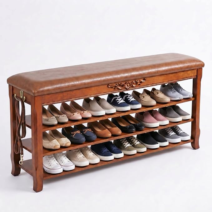 Shoe Rack Bench Entryway Storage with Leather Cushion, Shoe Organizer Bench for Entryway, Front Doors Entrances Hallway,Mudroom,Closet, Bedroom,Solidwood 3 Height-Adjustable Removable Shelve,47.2"