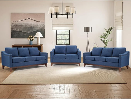 HAOMARKETS Modern 3 Piece Sofa Set with Rivets, Included Fabric Loveseat 2-Seater Sofa, and Upholstered 3-Seater Couches Set of 2 with Solid Wood Legs, Living Room Furniture Set,Blue